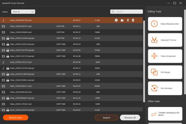 Apeaksoft Ses Kaydedici Kayıt Geçmişi Listesi