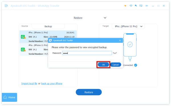 Ingrese la contraseña para desbloquear el archivo de respaldo