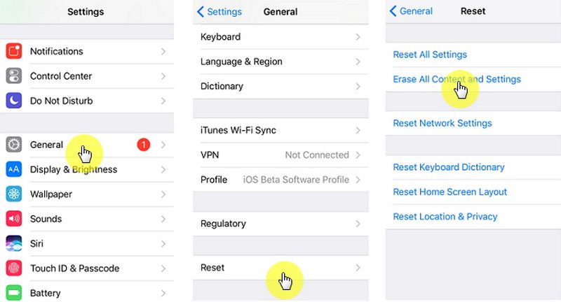 General Reset Erase All Contents And Settings