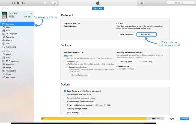 Gjenopprett iPad iTunes