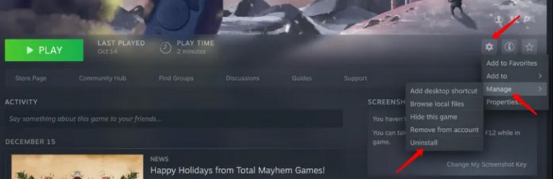 Settings Manage Uninstall