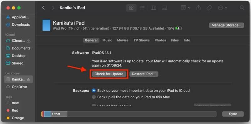 更新 iPad Finder