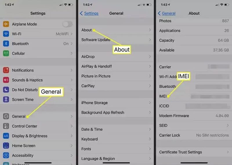 Znajdź ustawienia IMEI iPhone'a