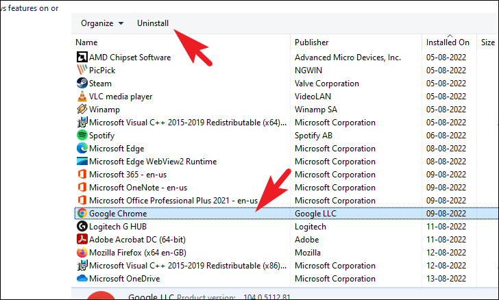 Uninstall Google Chrome Control Panel