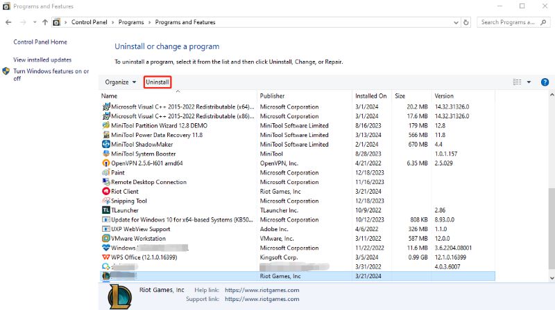 Avinstaller League of Legends via kontrollpanelet